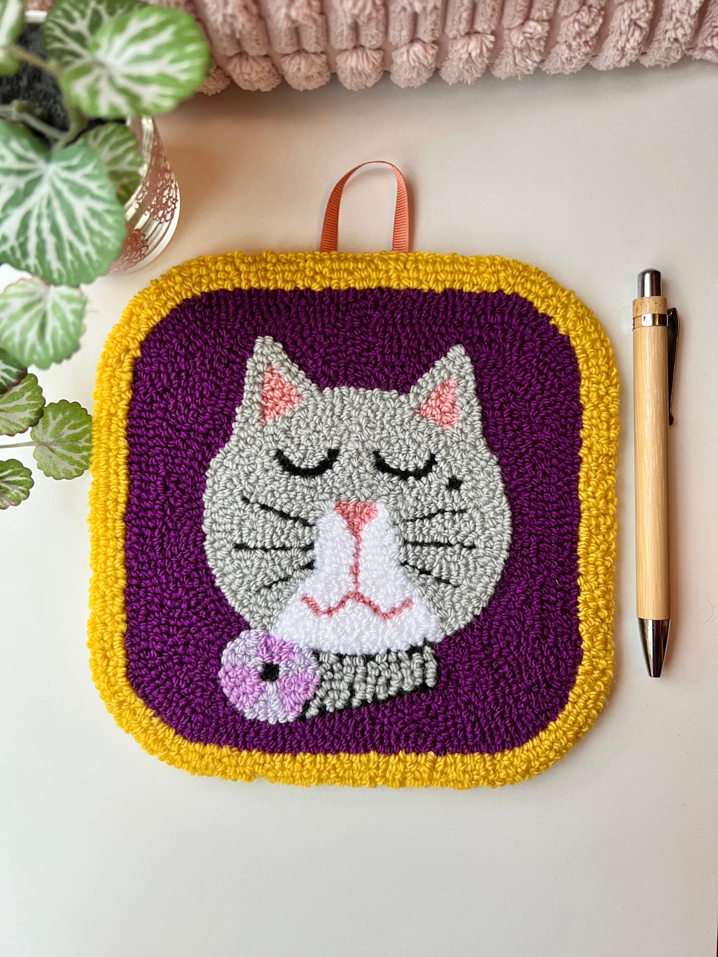 Cat on a Mat! "Glamour Puss" grey and white kitty wall hanging
