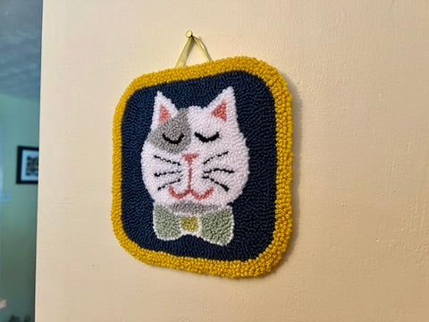 Cat on a Mat! Bow-tied, grey and white kitty wall hanging