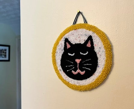Cat on a Mat! Adorable black kitty wall hanging