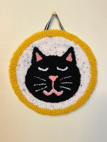 Cat on a Mat! Adorable black kitty wall hanging