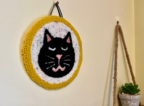 Cat on a Mat! Adorable black kitty wall hanging
