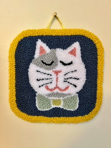 Cat on a Mat! Bow-tied, grey and white kitty wall hanging