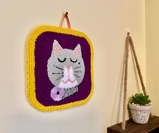 Cat on a Mat! "Glamour Puss" grey and white kitty wall hanging