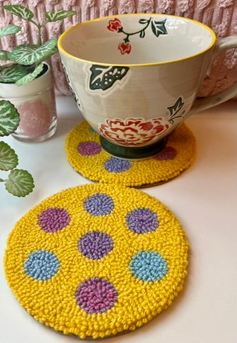 Coasters - set of two, polka dot, punch needle mug-rugs