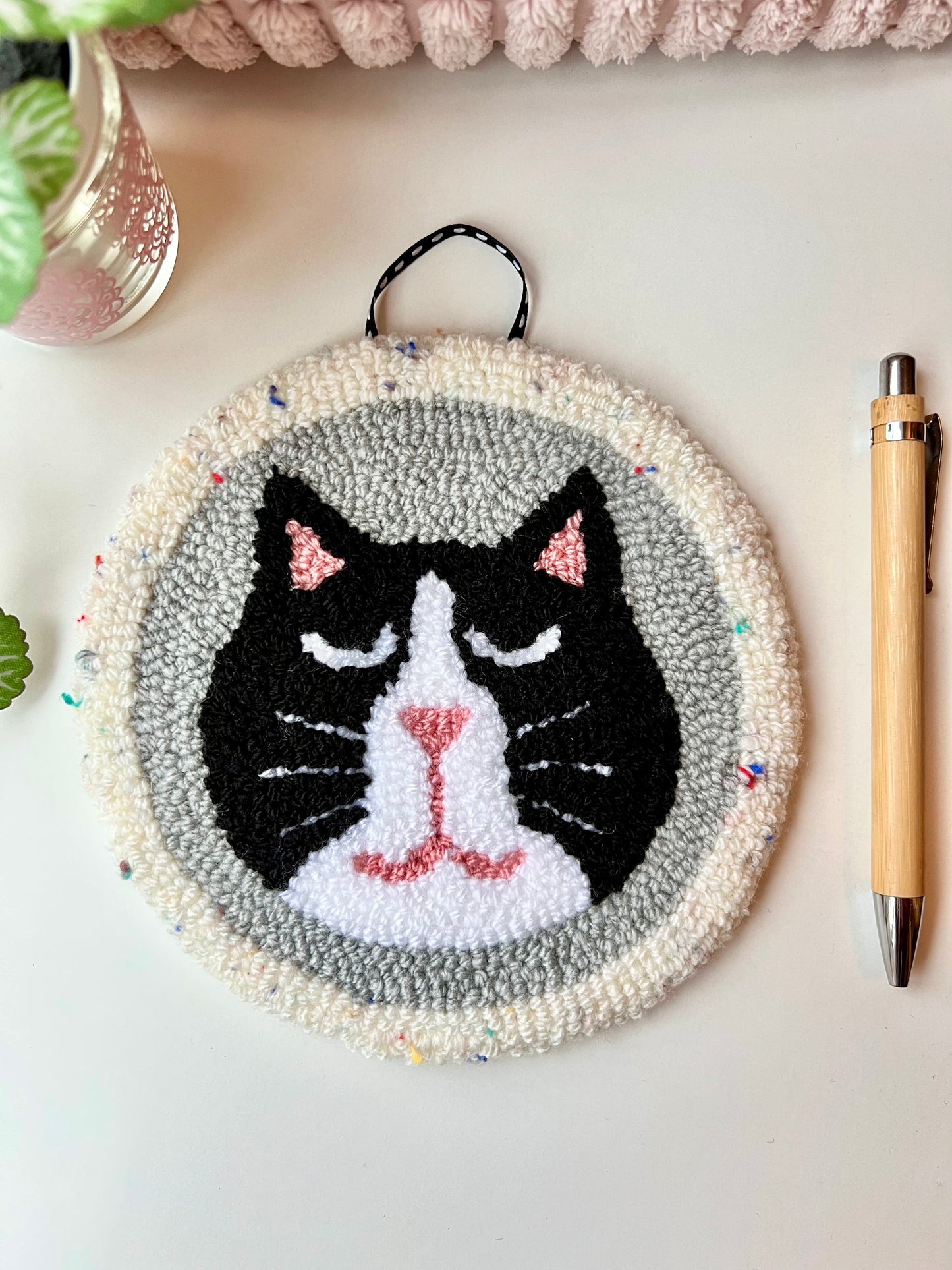 Cat on a Mat! Adorable black and white kitty wall hanging