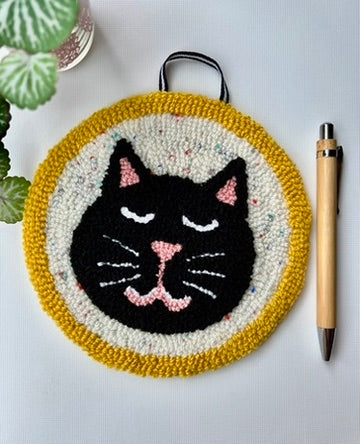 Cat on a Mat! Adorable black kitty wall hanging