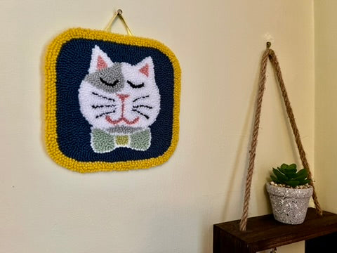 Cat on a Mat! Bow-tied, grey and white kitty wall hanging