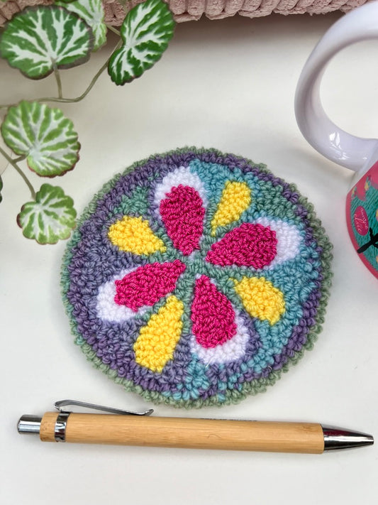 Punch needle mug-rug / coaster - pink and yellow petals