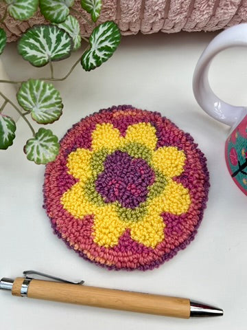 Punch needle mug-rug / coaster - yellow and mauve