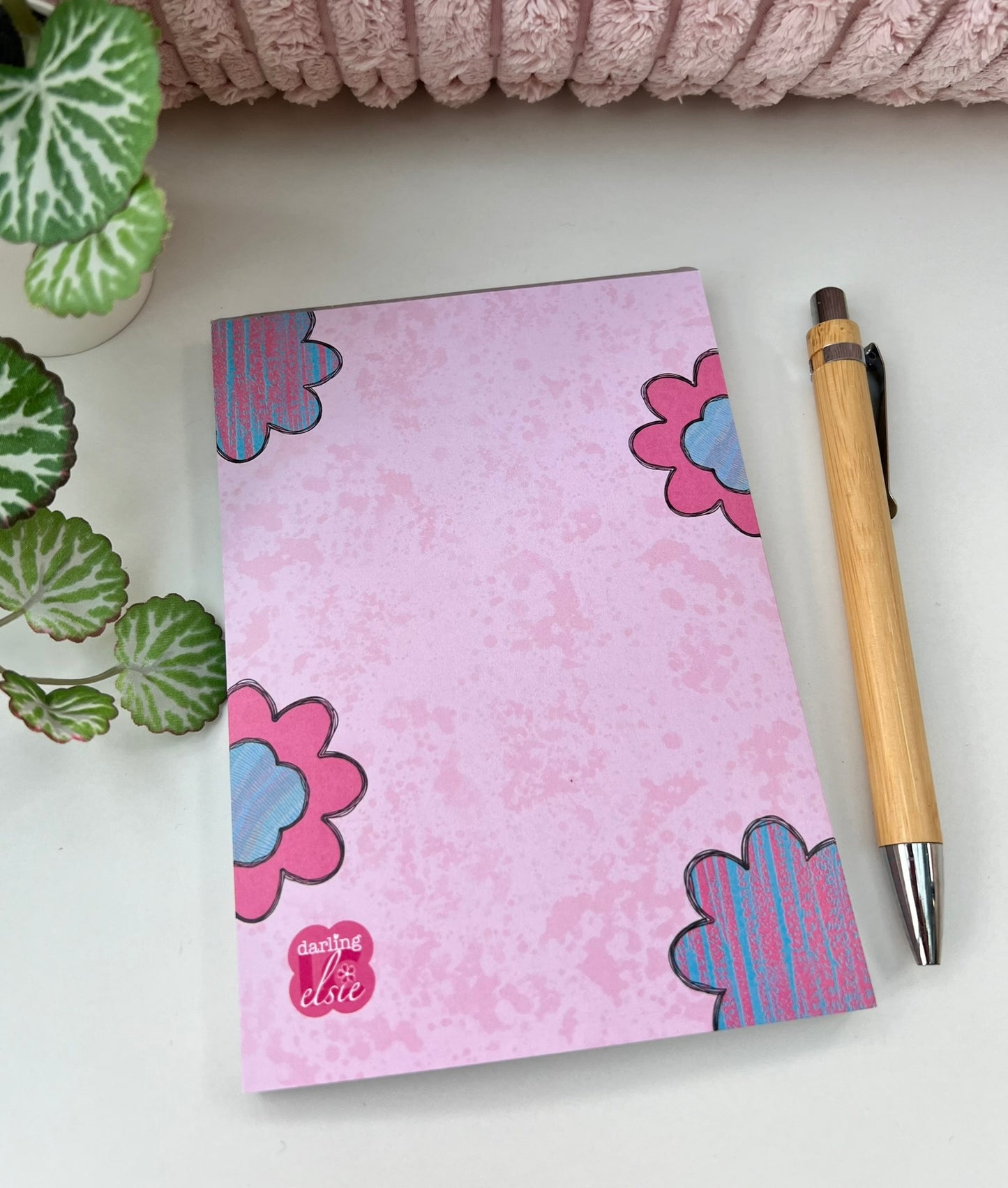 Pink A6 notepad with flower design