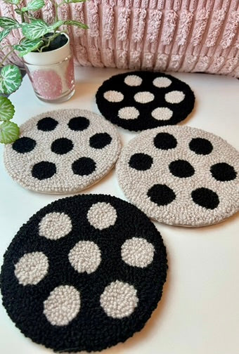 Coasters - set of four, polka dot, punch needle mug-rugs