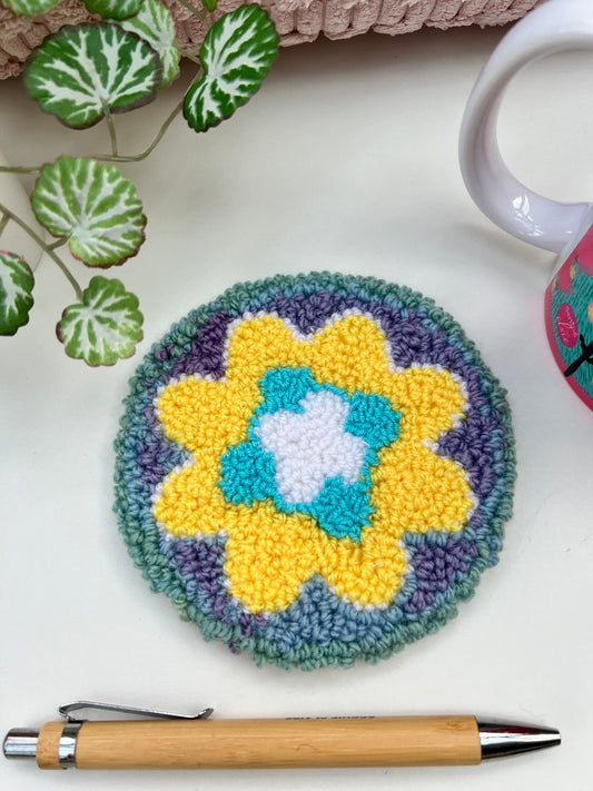 Punch needle mug-rug / coaster - yellow flower