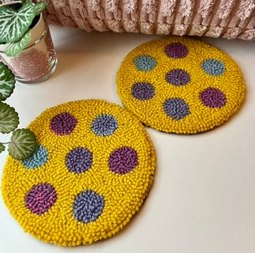 Coasters - set of two, polka dot, punch needle mug-rugs